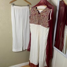 Traditional Indian Women White Beaded Sleeveless Kurta Side Slits Small