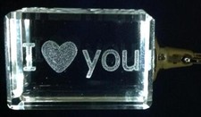 I Love Heart You Crystal Glass Laser Etching w Chrome Keychain 4 Gift Box