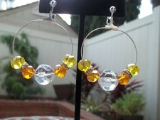 Gorgeous Clear Faceted Bead Yellow Orange Bead Hoop Dangling Clip Earrings