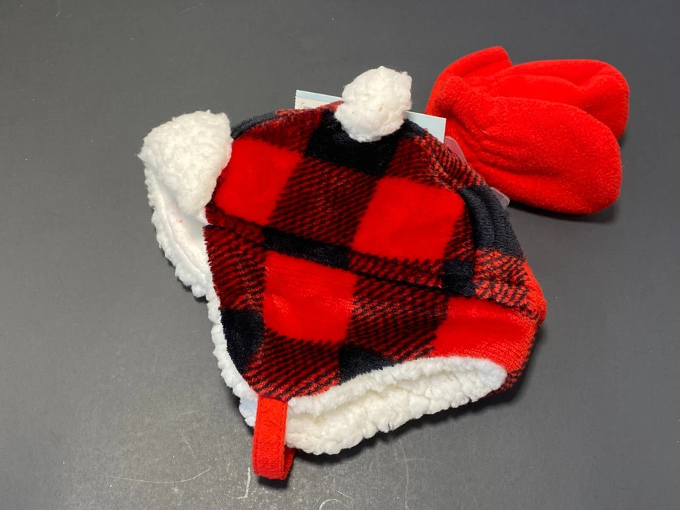 NEW Cat &Jack Newborn Red Black Plaid Fleece Hat W/mittens - Image 4 of 4