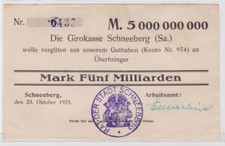 5 Billion Mark Banknote Girokasse Schneeberg Employment Office 23.10.1923 (122439)