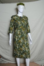 Vintage 1950s Green floral cotton blend 3/4 sleeve skirt set outfit with hat