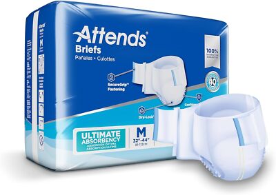 Attends Adult Disposable Briefs, Medium, 32''-44'', Ultimate Absorbency, 24ct