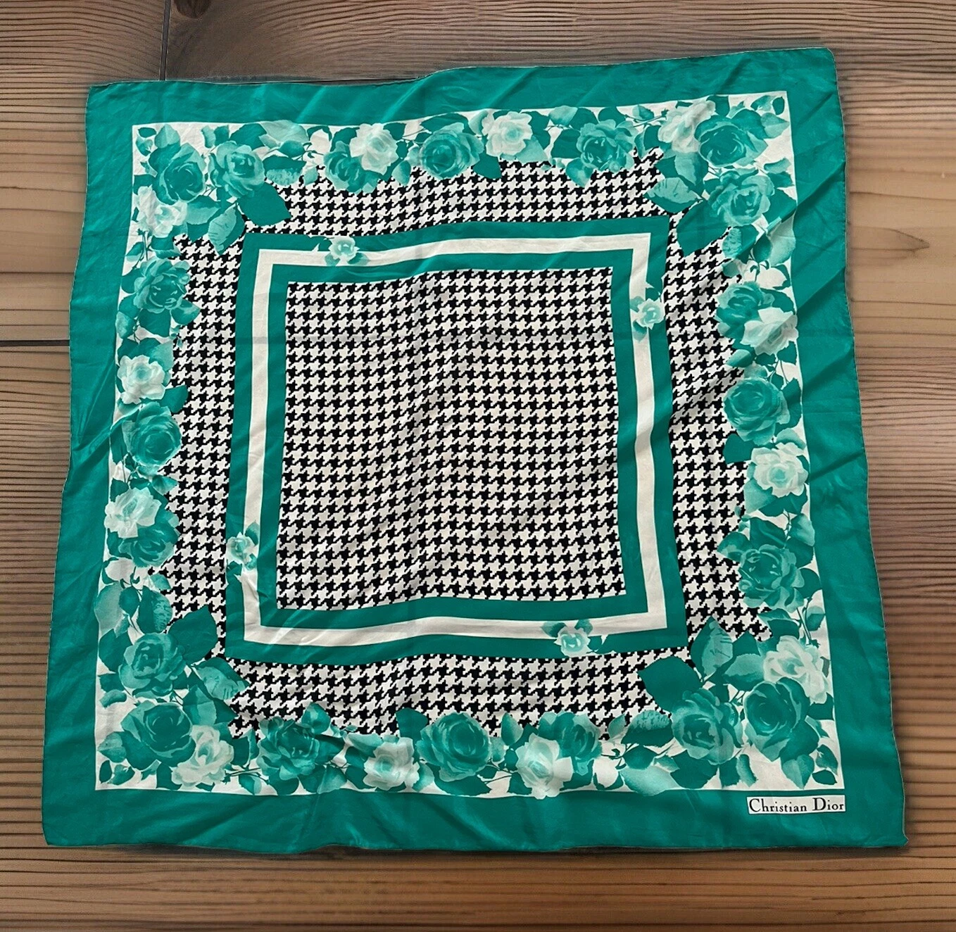 Foulard vintage Christian Dior en soie turquoise avec fleurs 33 pouces x 33 pouces