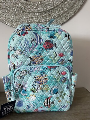 Vera Bradley Backpack Quilted Fish Print Teal Brown Adjustable Straps s-l400.jpg main image 3