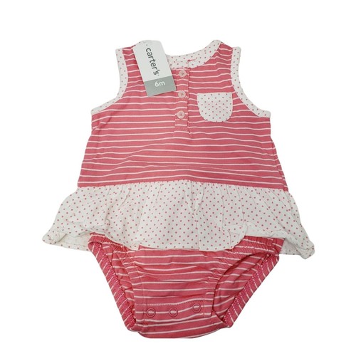 New Carter's Striped Ruffle Romper Bodysuit Sleeveless Pink White Girls 6M