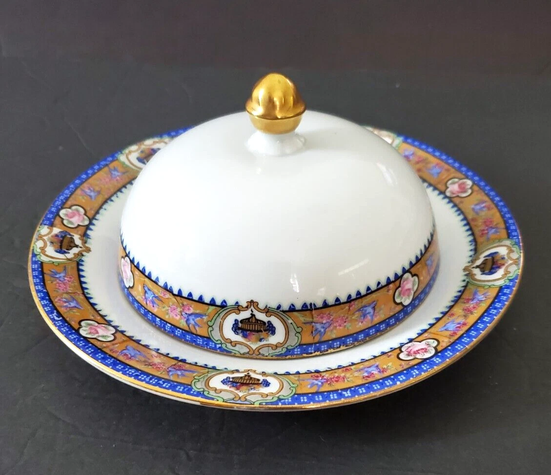 VTG Czechoslovakia IB Porcelain Covered Butter Dish 4" Tall x 8" Diameter China