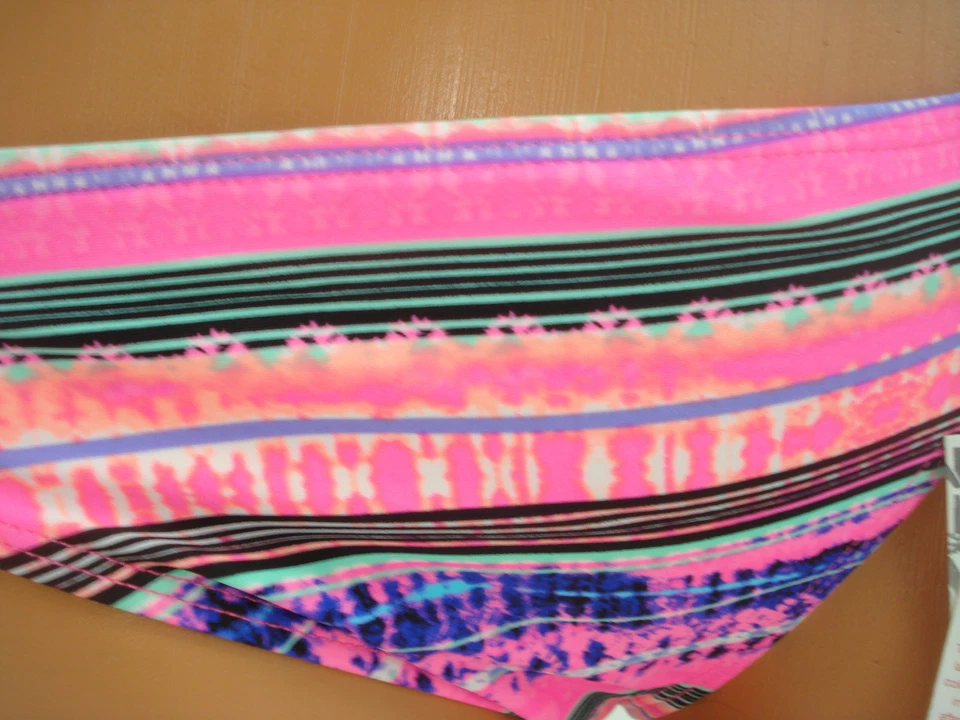 Bongo Swim Bikini Bottom Pink Green Strappy Striped Colorful - Image 2 of 4