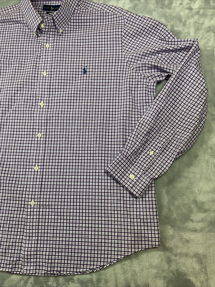 Ralph Lauren 衬衫男式 XL 蓝色紫色格子棉质纽扣连衣裙工作 — 第 3/4 张图片
