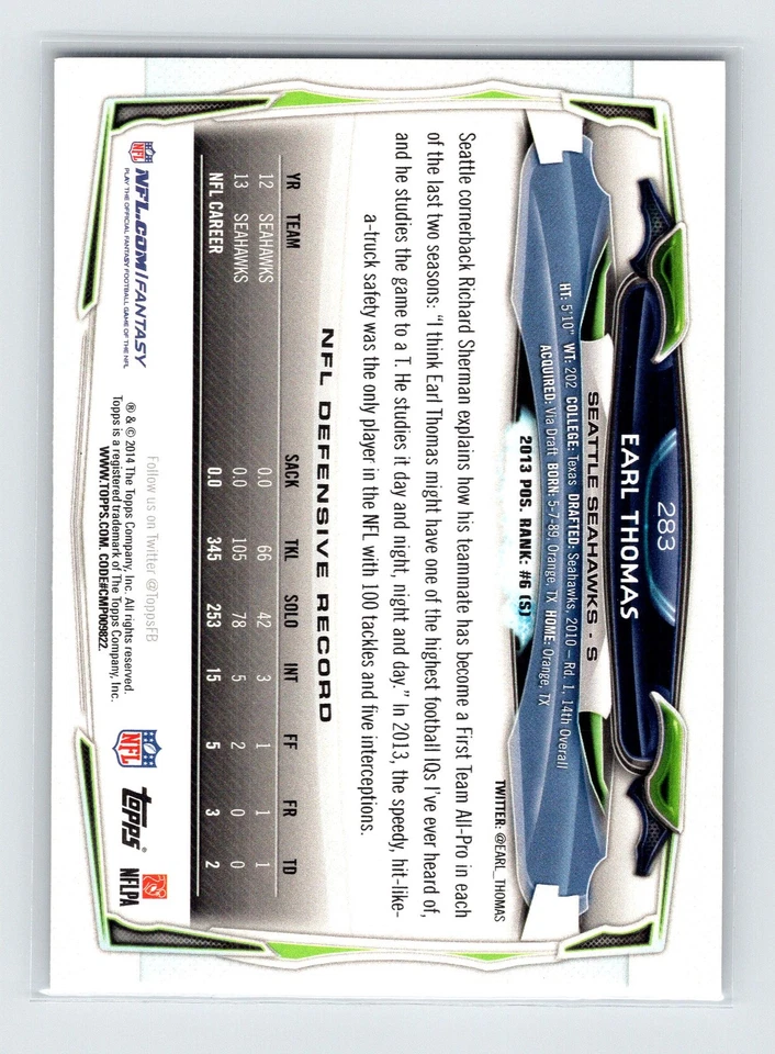 2014 Topps #283 Earl Thomas - Image 2 of 2