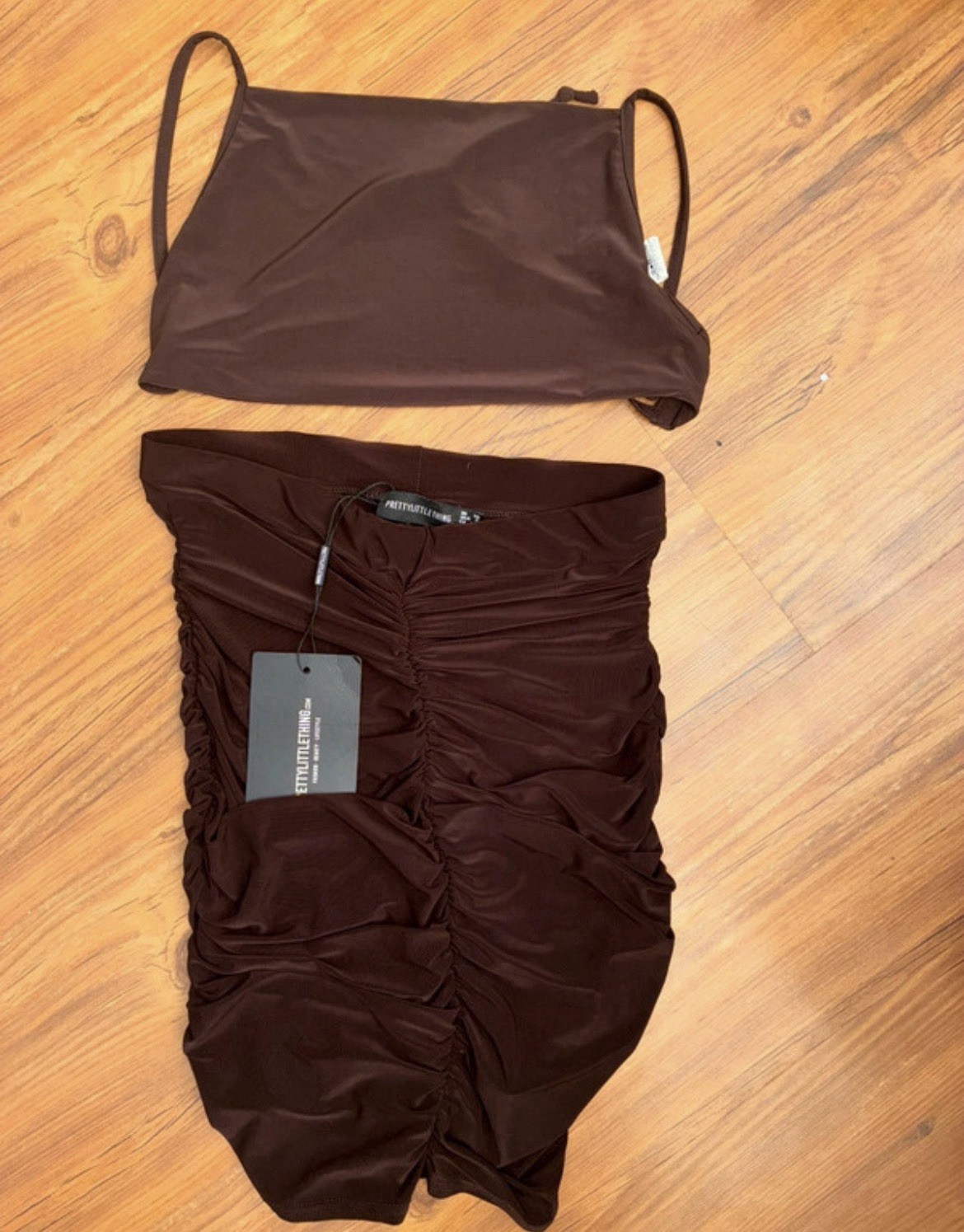 Mujer Prettylittlething Marrón Dos Piezas Co-ord Conjunto Talla 10 Nuevo Con Etiquetas