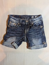Miss Me Mid Shorts Girls 8 Rolled Cuffed Hem Embellished Whiskered Denim Blue