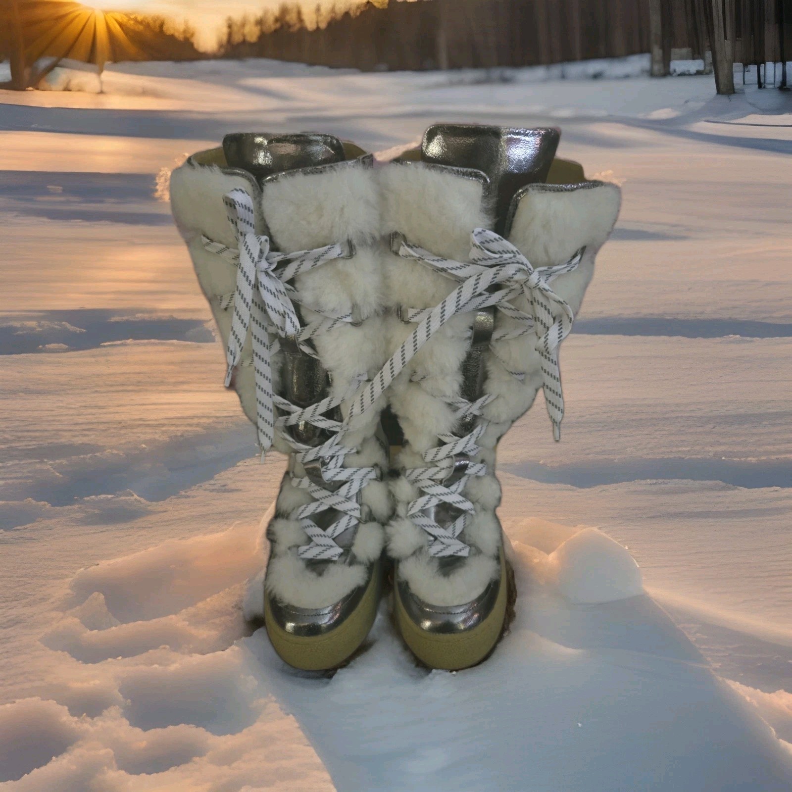 Free People Wilder Mukluk Tall Boots Faux Fur Lined Silver Leather Lace Up 8