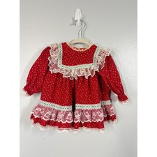 VTG Bryan Girls Toddler Baby Christmas Dress Red Floral Lace Ruffle Button Back