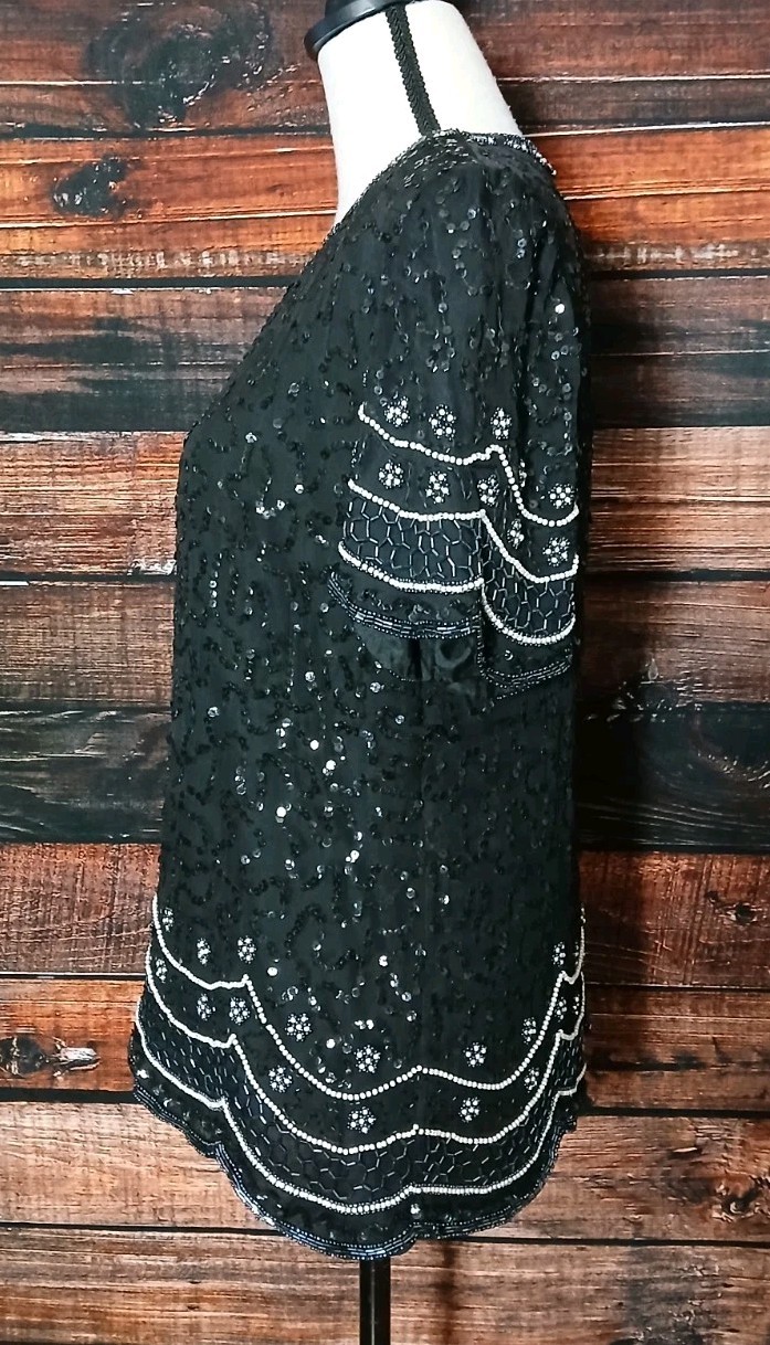 Laurence Kazar Vintage Top Size M 100% Silk Beaded Sequin Black Lined Blouse 