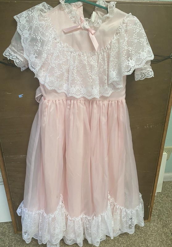 Vintage PINK Gold Bell dress girls 8  ruffle Layers Lace party Swirling Dress