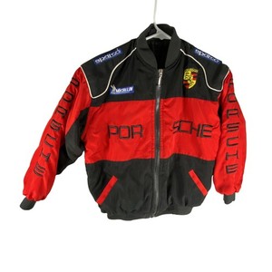 Porsche Jacket Youth Large Red Black Nylon Racing Bomber Full Zip Michelin