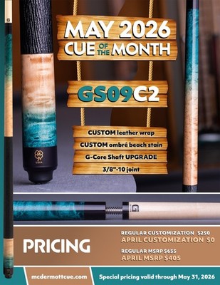 McDermott Pool Cue W/ One G-Core Shaft MAY 2026 CUE OF THE MONTH Leather Upgrade