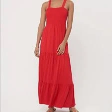 LOFT Tiered Smocked Square-Neck Midi Dress Medium Red NWT 58" Long