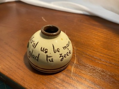 Vintage Folk Art Pottery Mini Jug Vase Hand Painted Waal Us Be Main Glad Tu See