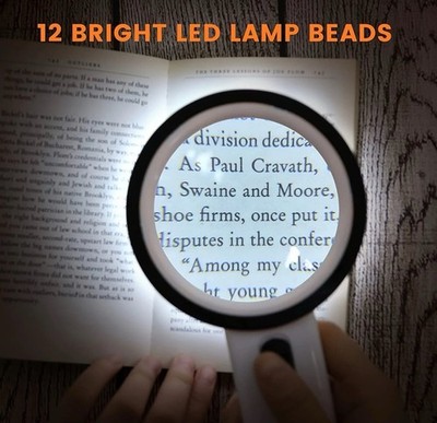 30X Jumbo Handheld Magnifying Glass w/ 12 Bright LED Light Illuminated Magnifier