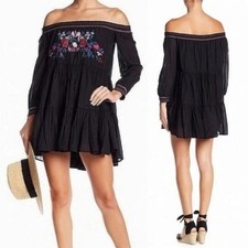 Free People Black Sunbeams Embroidered Mini Dress Boho Festival Wear Large