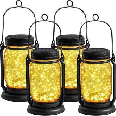 4 Pack Hanging Solar Lantern Lights,Vintage Glass Mason Jar Solar Fairy Light...