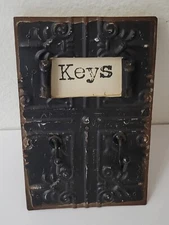 Two Hook Key Rack Distressed Black Tin As/Is 5 X 8"