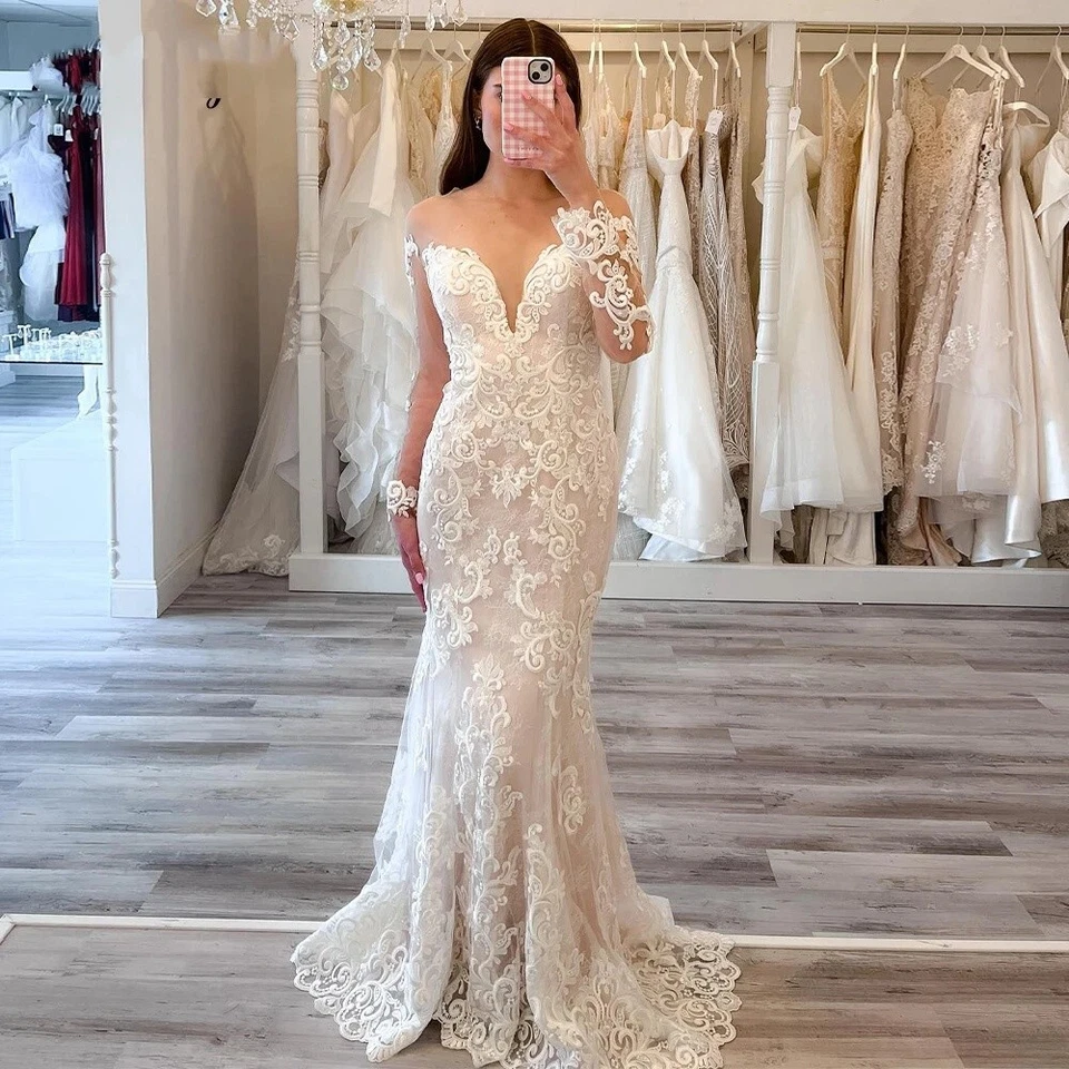 Sexy Vestidos de Novia Sirena Mangas Largas Cuello en V Elegantes Playa Foto 2 de 4