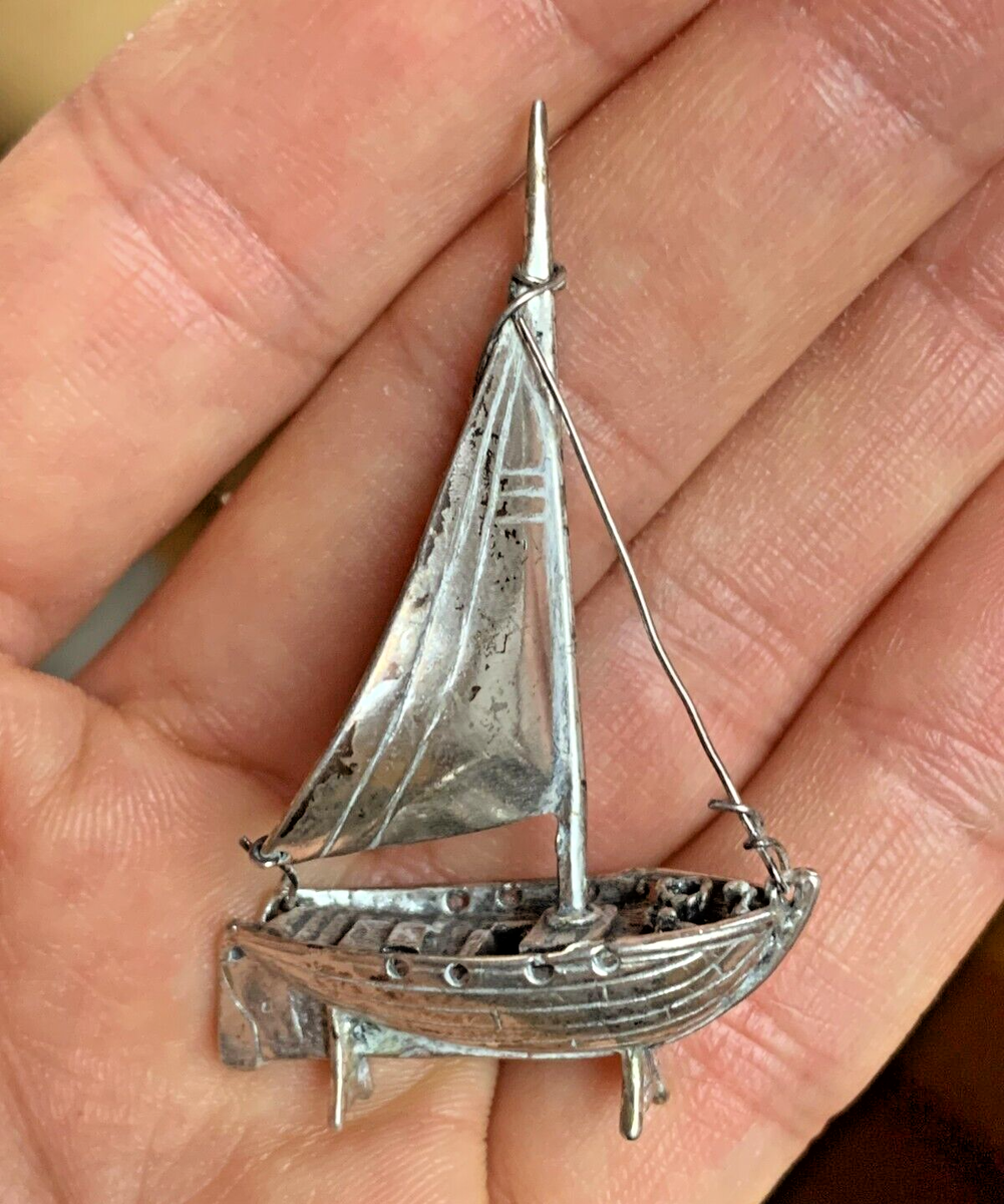 Handmade .800 Solid Silver Miniature Model Fishing Sailing Boat