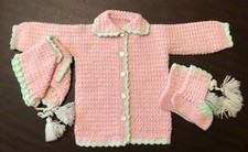 New Handmade Crochet Infant 0-3m Baby Set- Pink  Green Sweater Hat  Booties 
