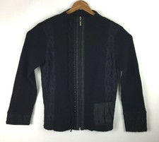 Chico Women  s Size 1 Sweater Jacket Zip Front Wool Black Lace Fringe Textured