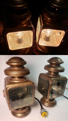 Antique automobile kerosene cowl lamps, square side lamps RH LH PAIR converted 