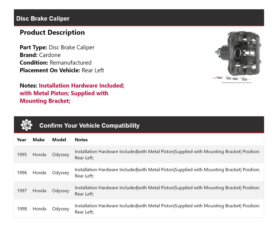 Pinça de freio a disco traseira esquerda Cardone 1996 1997 Honda Odyssey 1995-1998 - Imagem 2 de 4