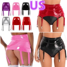 Women's Leather Garter Belt Mini Skirt High Waist Bodycon with 6 Strap Clips
