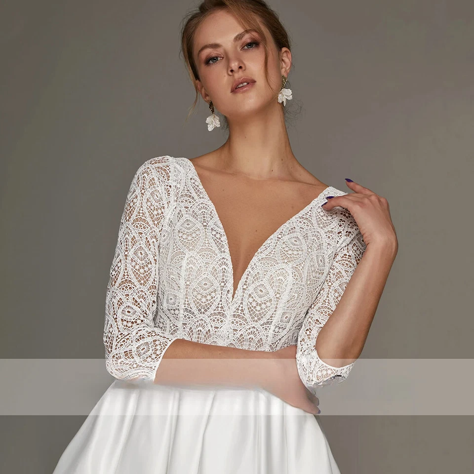 White Satin Lace V Neck Wedding Dress 3/4 Sleeves Tea Length A Line Bridal Gowns - Image 3 of 4