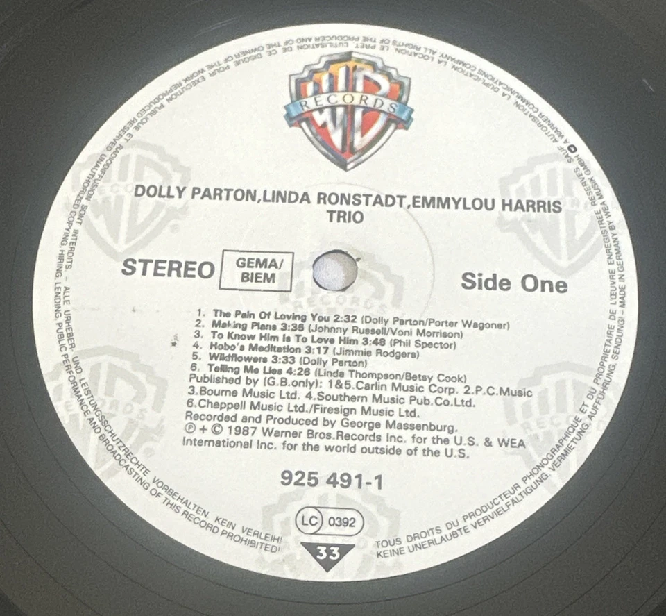 DOLLY PARTON LINDA RONSTADT & EMMYLOU HARRIS TRIO LP VINYL RECORD EX/EX - Image 4 of 4