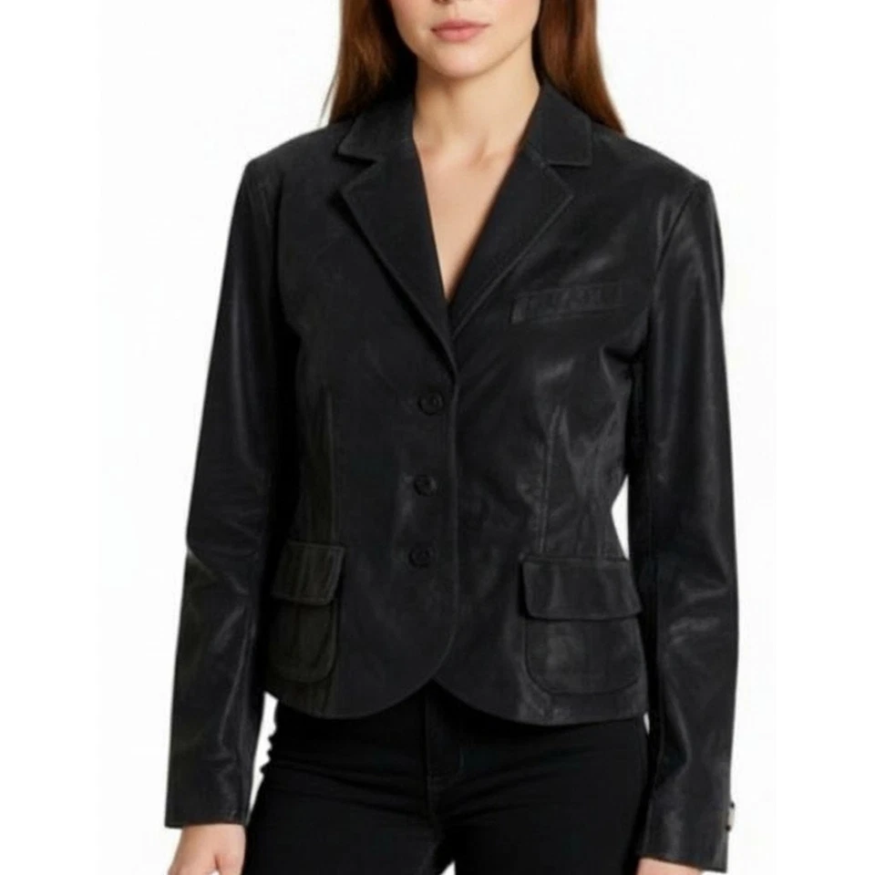 Jaqueta de couro Valerie Stevens camurça feminina tamanho G preta 3 botões nova sem etiquetas - Imagem 4 de 4