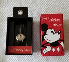 NIB Disney Silver Tone Mickey Watch Black Faux Leather Band 5.5"-7" New Battery