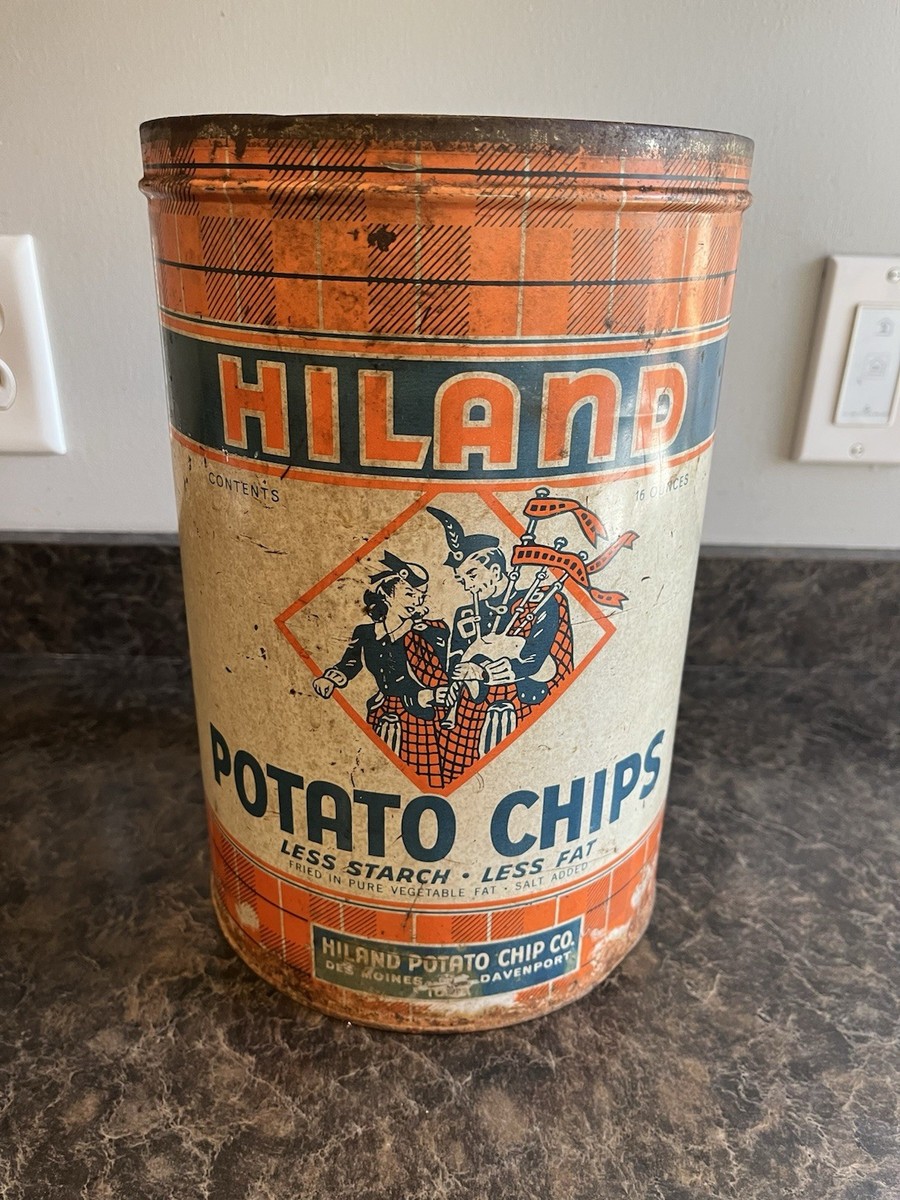   Ildpot イルドポッド vintage Hiland Potato Chips Tin 16 oz Empty Des Moines Davenport Iowa