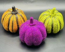 Lot Of 3 Sparkle Foam Decor Pumpkins Purple Green Mini Glitter Pumpkins 3.5"