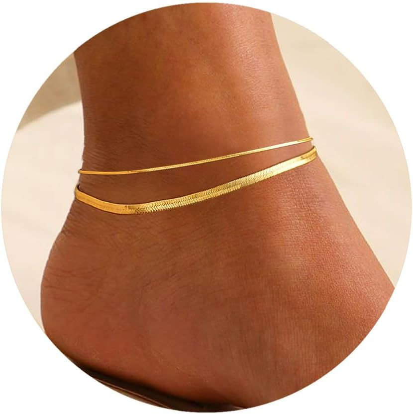 18K Gold Plated Layered Snake Chain Ankle Bracelets for Women
