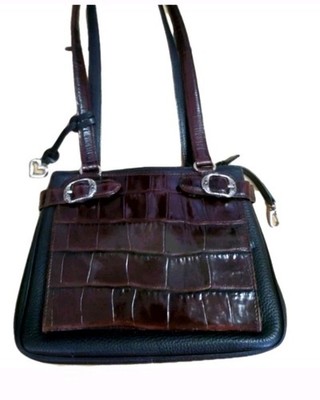 Brighton Shoulder/Tote Bag Vtg Brown Embossed Croc/Black Pebbled Leather Quality