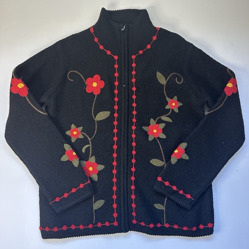 PURE & SIMPLE WAY OF LIFE BLACK WOOL Poppy FLORAL EMBROIDER ZIP CARDIGAN Sweater
