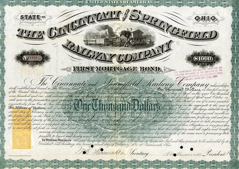 1871 Cincinnati & Springfield RW Bond Certificate with RN-W2 Revenue