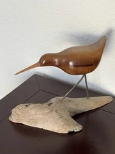 Vintage Art Wood Bird Sandpiper Figurine Signed RS Handcrafted Sculpture