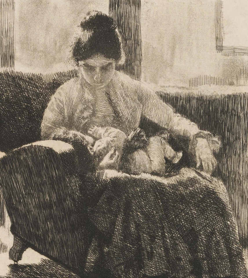 E. FÜRST (1874-1955), Interieurszene mit Mutter und Kind,  1908, Radierung - Bild 3 von 4