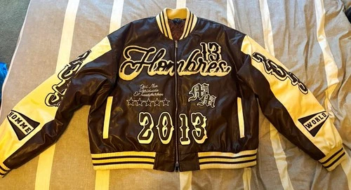 boohooMAN Men's Varsity Jacket Brown/Cream Full Zip Pockets Size 2XL - product listing photo