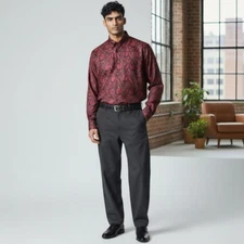 Barry Wang Silk Blend Long Sleeve Party Dress Shirt Sz XL Red Black Paisley