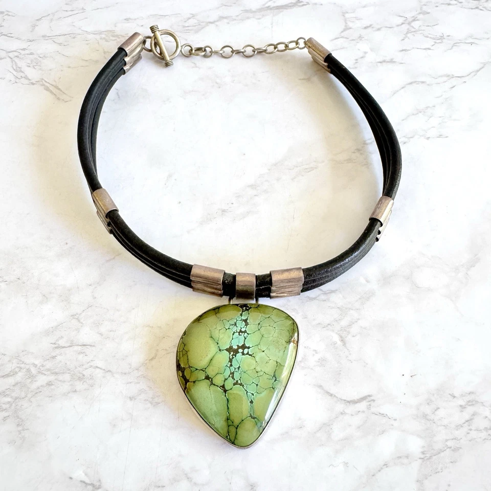 "Antiguo collar gargantilla de plata esterlina Echos colgante turquesa verde 15,75"" 68 g" Foto 3 de 4